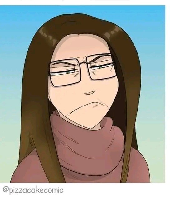 An anime-style illustration of a woman with long brown hair, glasses, and a pink scarf, displaying a stern, disappointed…