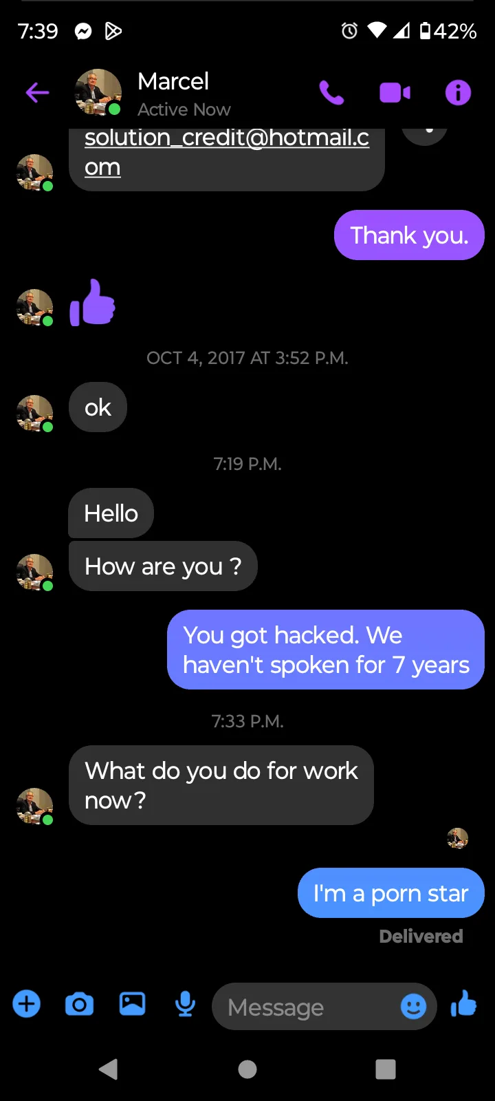 A screenshot of a WhatsApp chat between two people, one named Marcel, showing a conversation where the user claims to have…