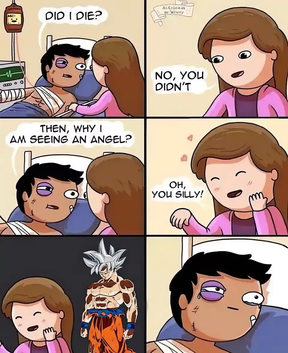 A six-panel comic strip shows a wounded patient in a hospital bed asking if he died, to which his girlfriend replies no…