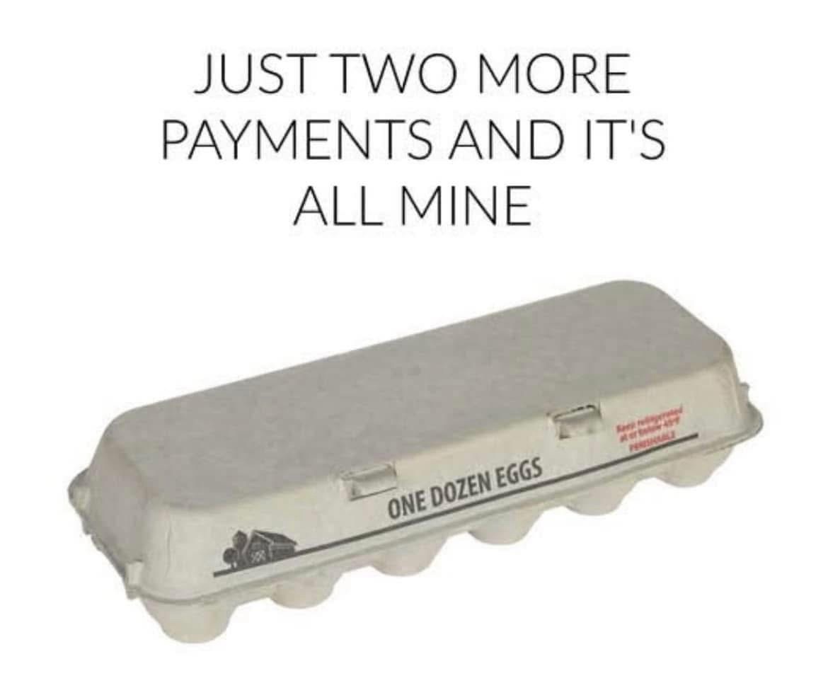 A plain white cardboard egg carton labeled 'ONE DOZEN EGGS' is shown against a white background. The text 'JUST TWO MORE…