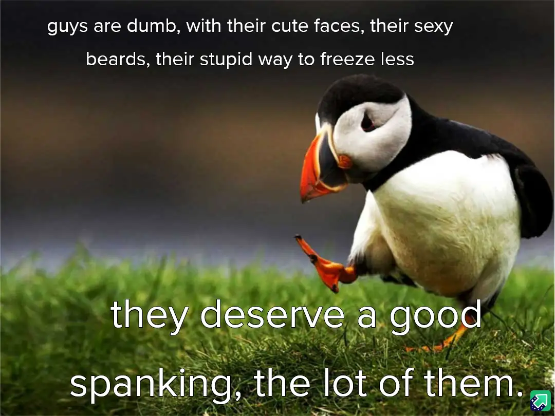 A close-up photograph of a puffin standing on green grass, looking down with one foot lifted. White text is overlaid in two…