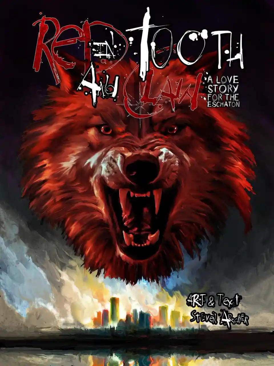 A dramatic illustration shows a large, snarling red-furred beast with bared teeth looming over a burning cityscape. The…