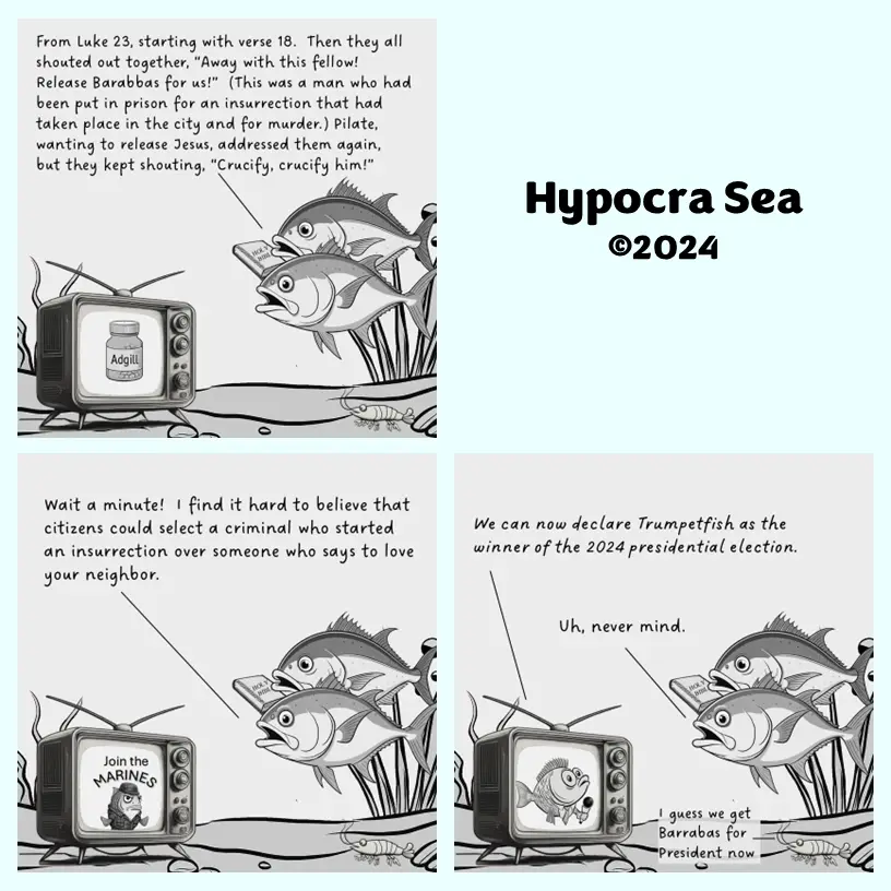 A four-panel comic strip shows cartoon fish watching a TV. The first panel shows fish watching a TV displaying a pill bottle…