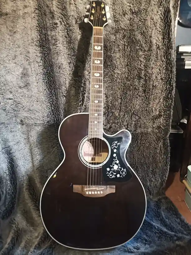 A dark brown acoustic guitar with white floral inlays on the body and white binding rests on a fluffy gray blanket. The…