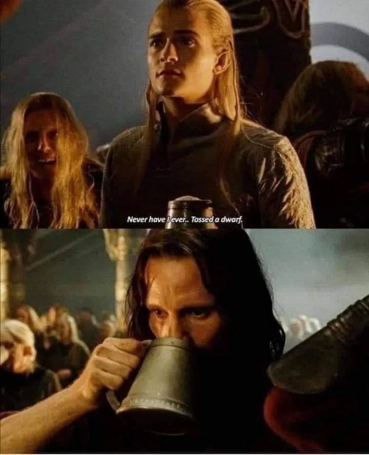 The top panel shows Legolas from Lord of the Rings looking serious while holding a tankard, with the text 'Never have I…