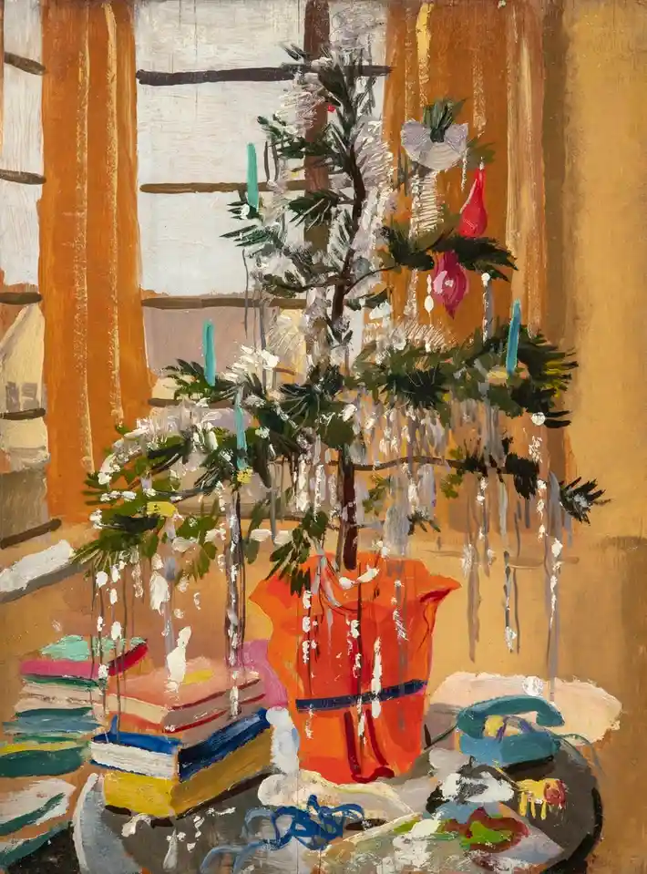 A painting depicts a small, decorated evergreen tree in an orange vase, surrounded by books, a telephone, and scattered…