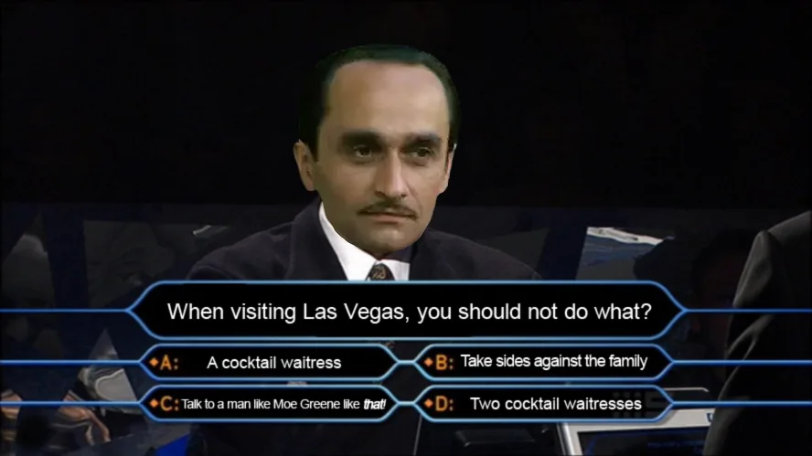 A screenshot from a video game shows a man with a mustache in a suit looking serious. Below him are multiple-choice options…