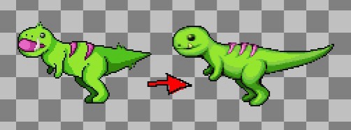 A pixelated green dinosaur with a pink tongue and pink stripes on its back is shown on the left, with a red arrow pointing…