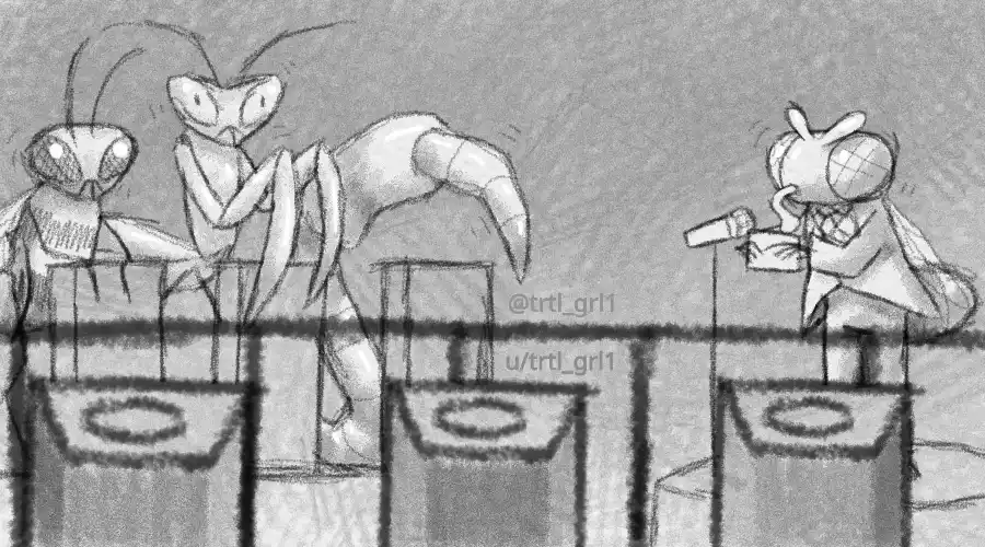 A black-and-white sketch shows three insect-like characters behind podiums. The character on the right, wearing a suit and…