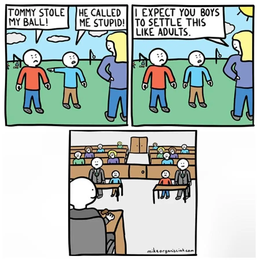 A three-panel comic shows two boys arguing over a stolen ball and an insult, with a woman telling them to settle it like…