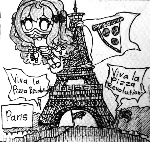 A black-and-white sketch shows a chibi-style girl with long hair and a mustache standing beside the Eiffel Tower in Paris. A…