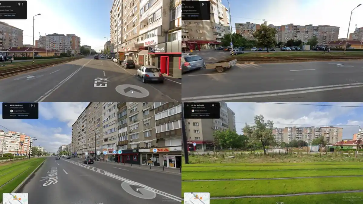 A four-panel Google Street View collage showing the same street in Oradea, Romania, with the left panels displaying a normal…