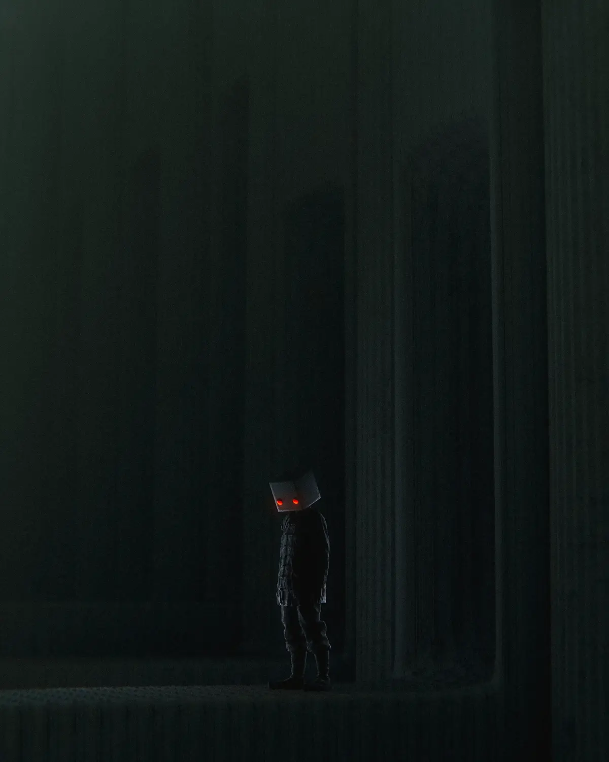 A person stands alone in a dark, shadowy room with tall pillars, wearing a box-like head with glowing red eyes, evoking a…