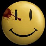 A bright yellow smiley face emoji with a dark, bloody wound on its forehead, dripping red liquid, set against a black…