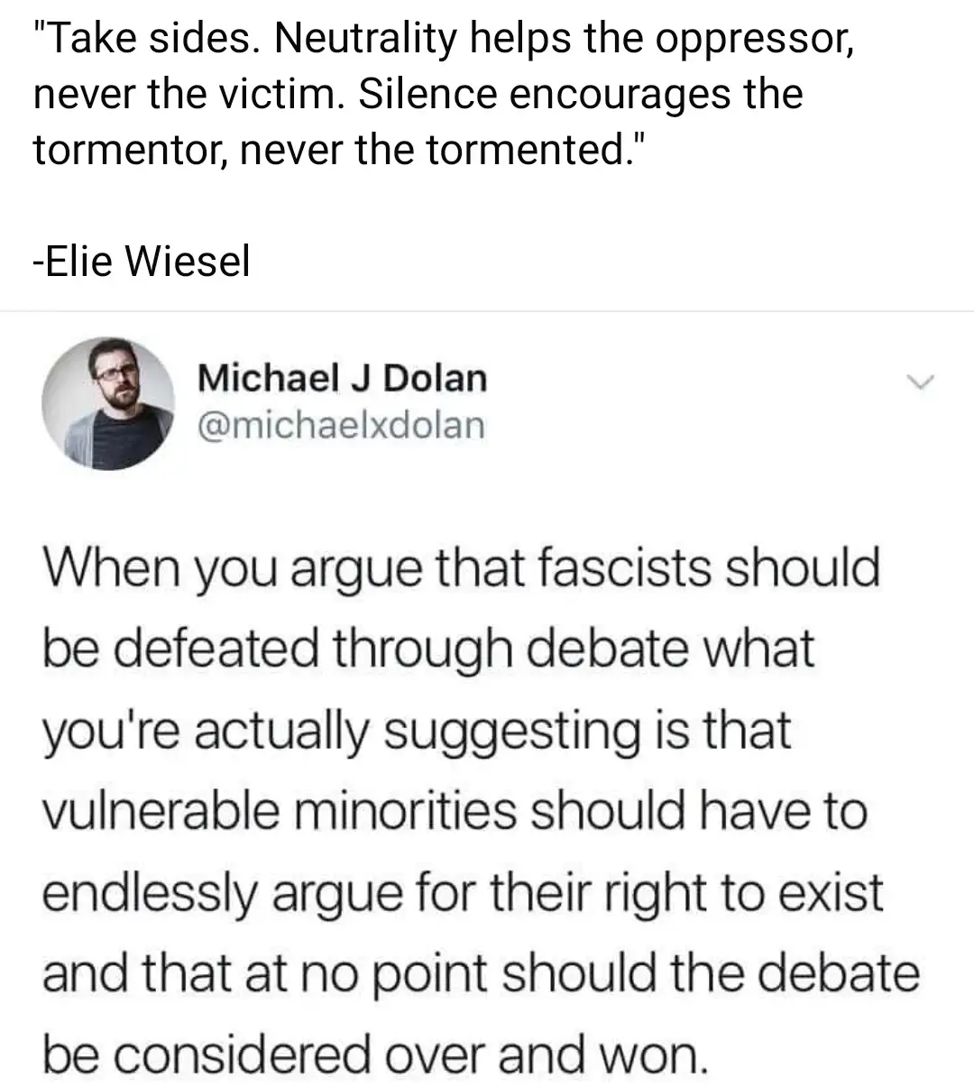 The image displays a screenshot of a tweet by Michael J Dolan, overlaid with a quote attributed to Elie Wiesel. The quote…