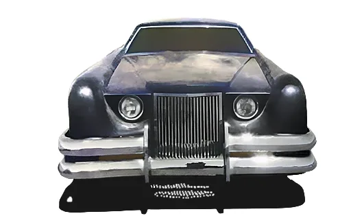 A front-facing image of a vintage, dark-colored car with a chrome grille and bumper, set against a plain white background…