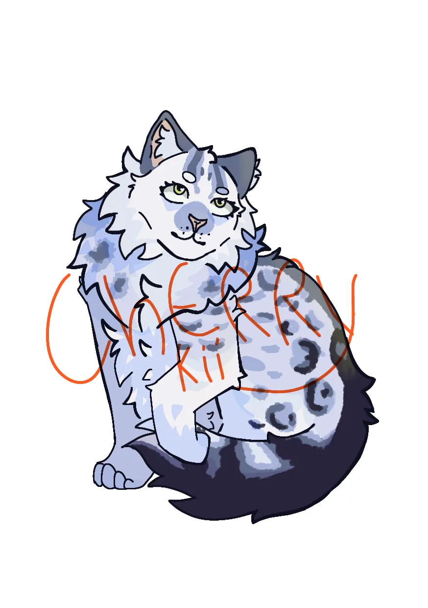 A stylized illustration of a fluffy, light blue and white spotted cat with green eyes, sitting upright. The cat has a smug…