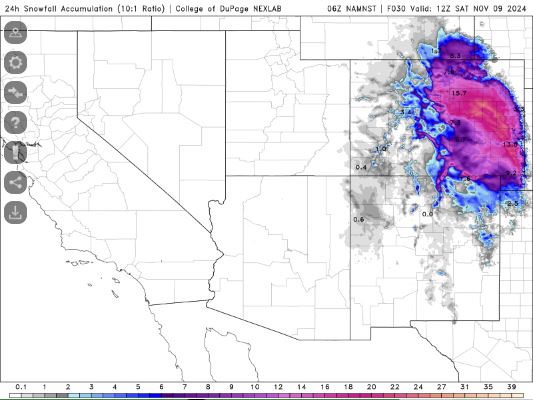 A weather map from the College of DuPage NEXLAB shows a large, intense snowstorm over the western U.S., with a color-coded…
