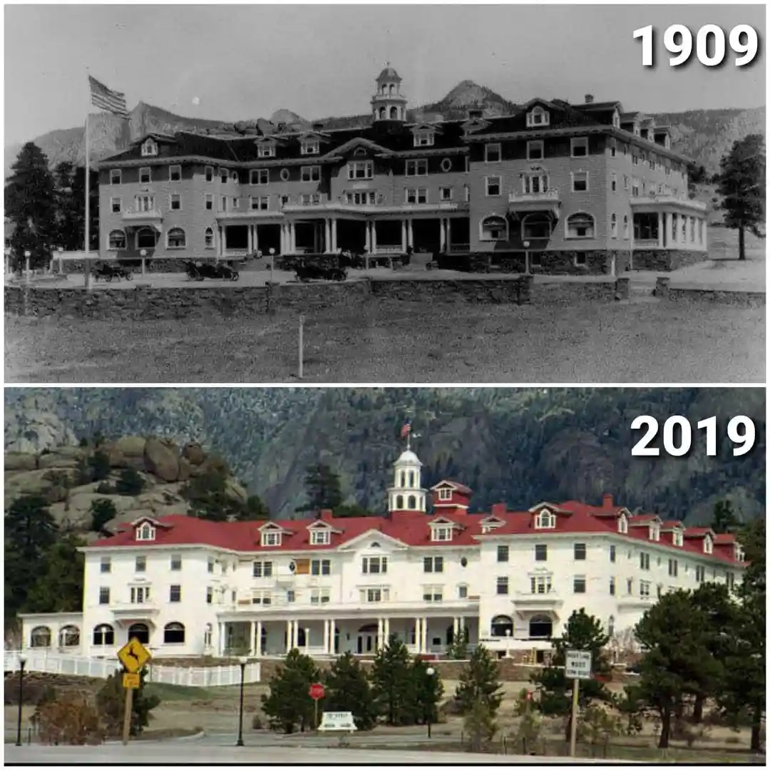 The image displays two photographs of the same large, multi-story hotel building, one in black and white labeled '1909' and…