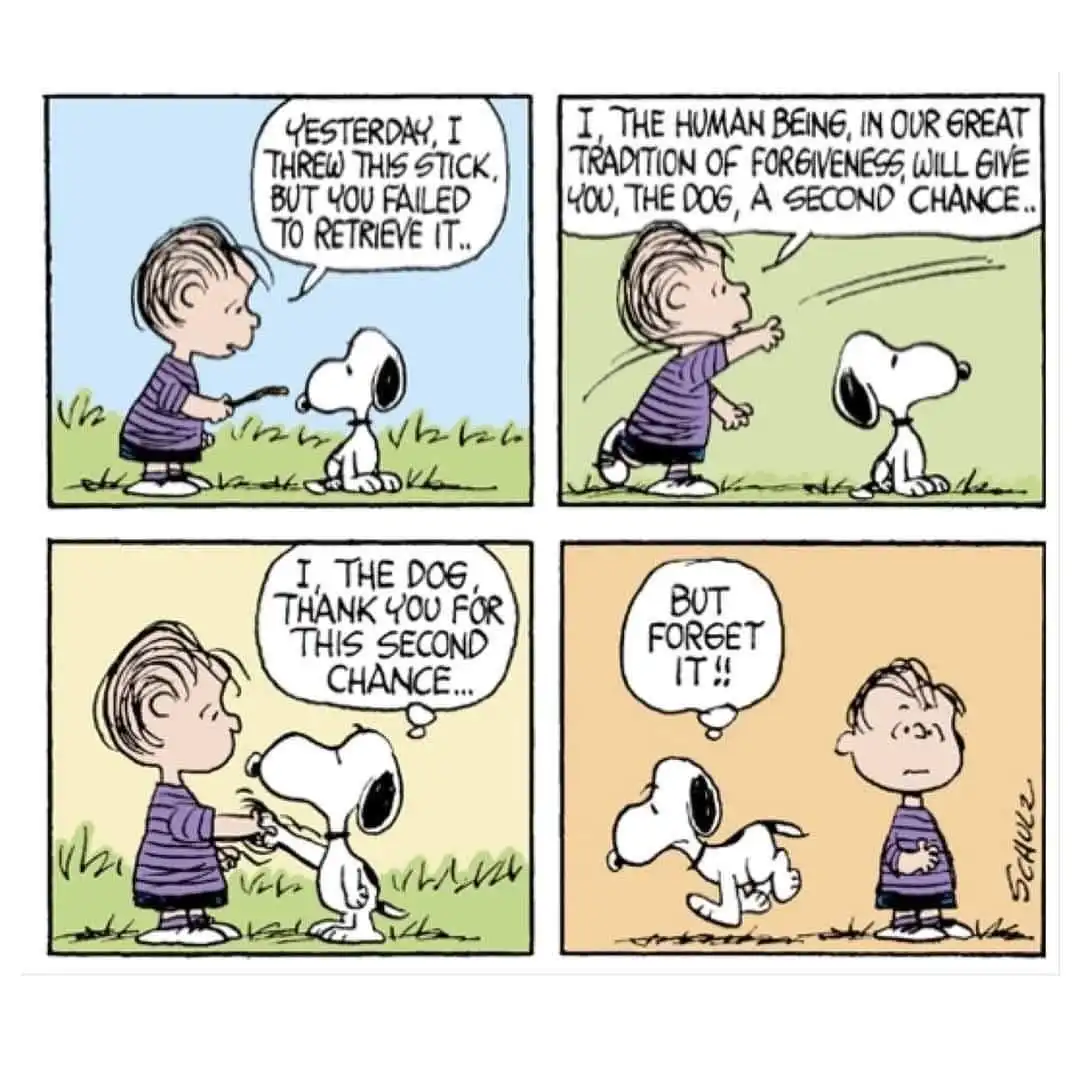 A four-panel Peanuts comic strip shows Charlie Brown holding a stick and talking to Snoopy. In the first panel, Charlie…