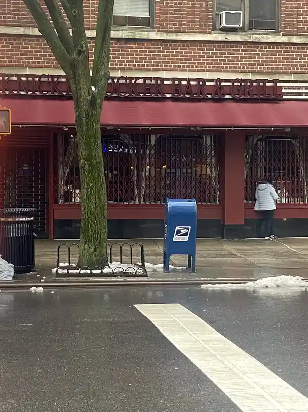 A street scene shows a blue United States Postal Service mailbox on a sidewalk next to a tree and a red-brick building with…