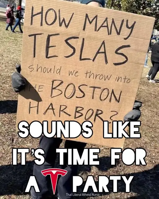 A person holds a cardboard sign with handwritten text asking 'HOW MANY TESLAS Should we throw into THE BOSTON HARBOR?' Below…