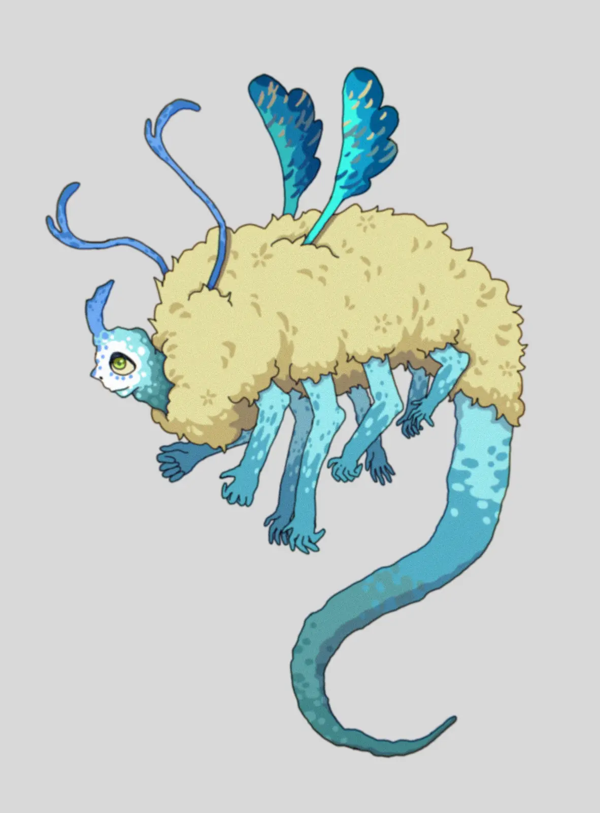A whimsical, cartoon-style creature with a fluffy, beige, sheep-like body, blue spotted limbs, a long blue tail, and two…