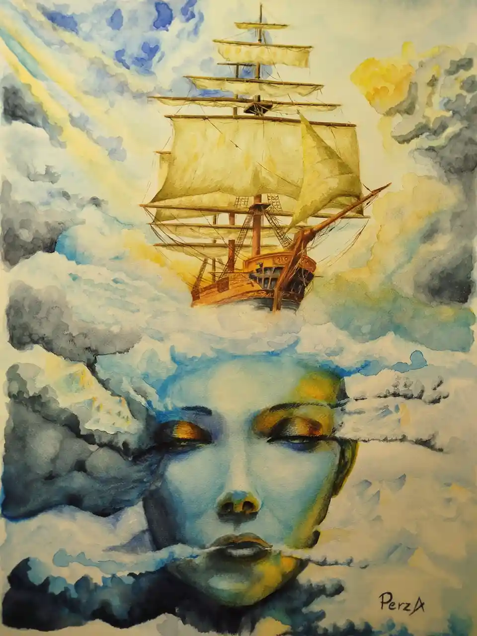 A watercolor painting shows a serene woman's face emerging from clouds, with a large sailing ship floating above her head…