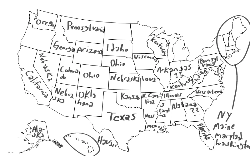 A hand-drawn, black-and-white map of the United States with handwritten state names, many misspelled or abbreviated. The…