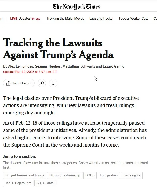 A screenshot of a New York Times article titled 'Tracking the Lawsuits Against Trump's Agenda' with a cursor hovering over…
