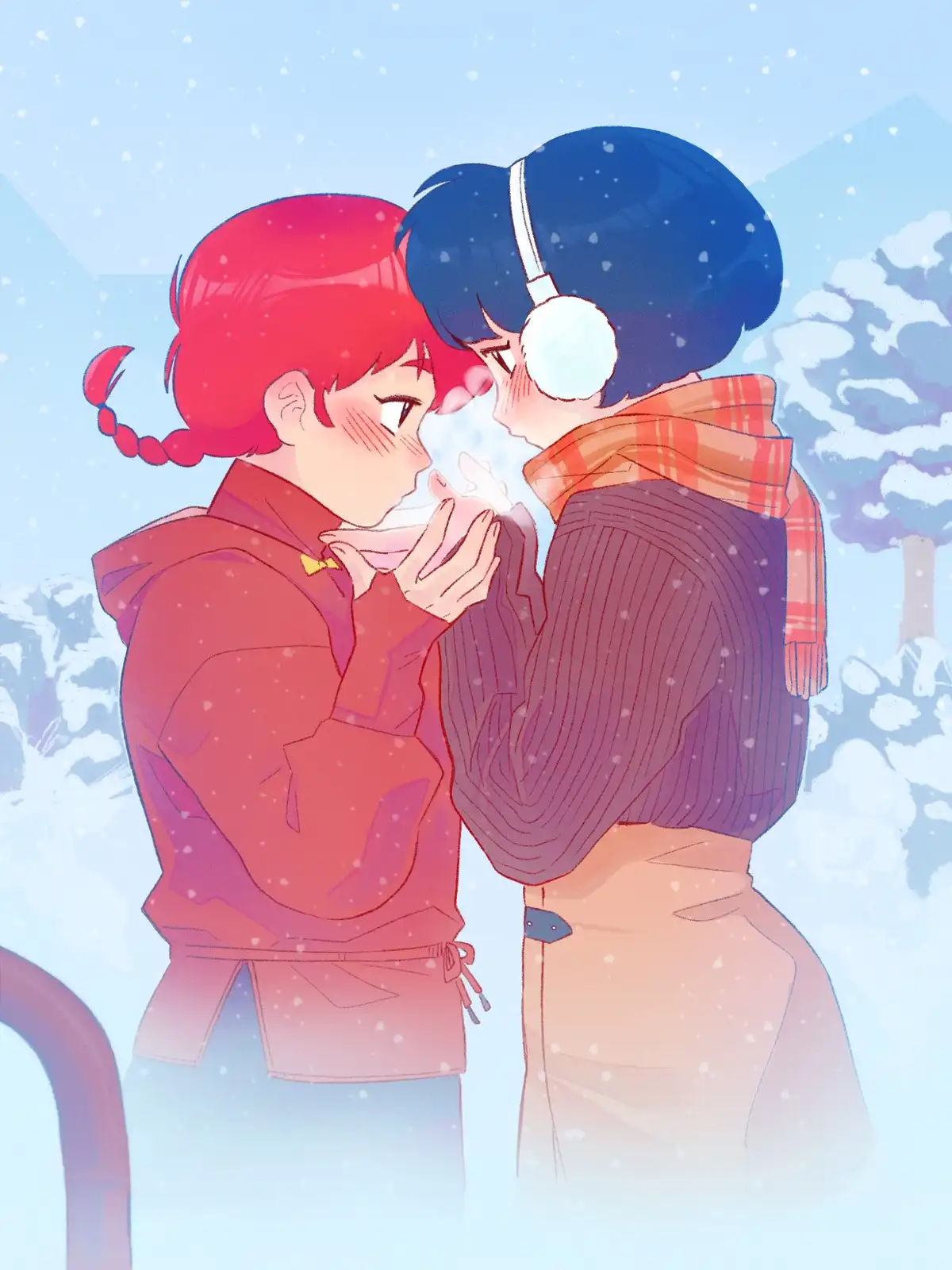 Two anime-style characters stand close together in a snowy scene, one with red hair and the other with blue hair wearing…