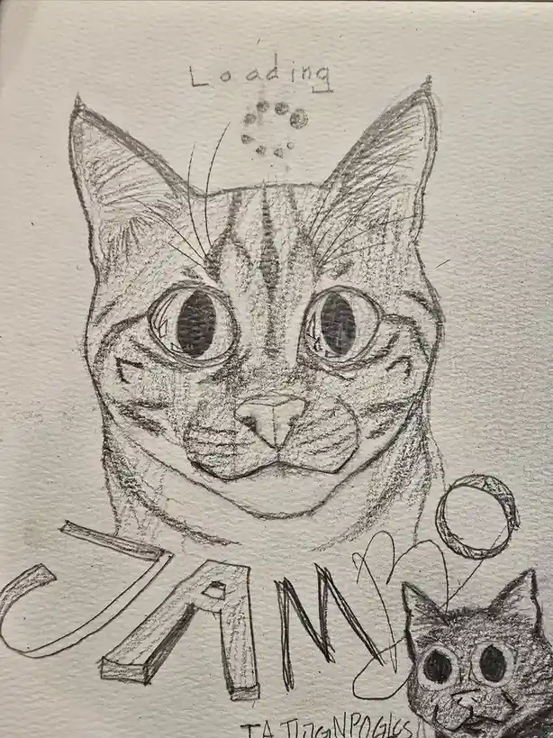 A pencil sketch of a cat's face with the word 'Loading' and a loading spinner drawn above its head, with the word 'JAM'…