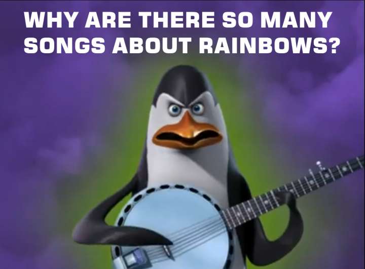 An animated penguin with a shocked, wide-eyed expression holds a banjo against a purple and green blurred background. The…