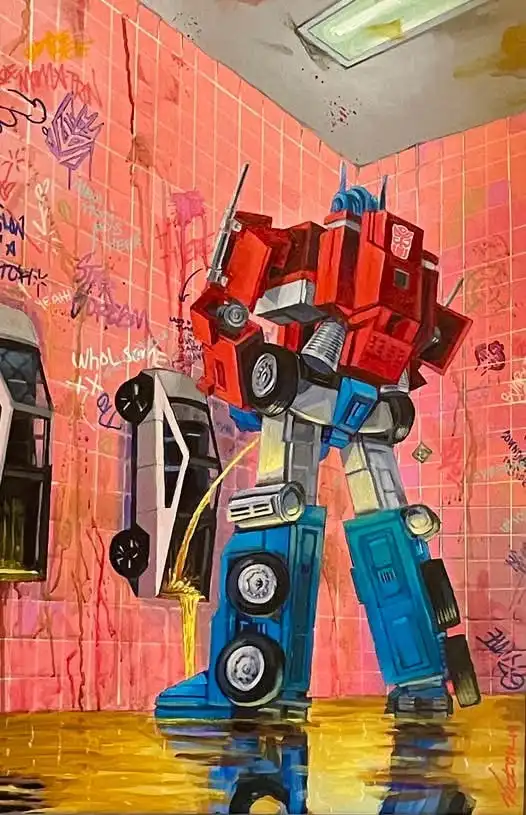 A painting depicts Optimus Prime, the red and blue Autobot leader from Transformers, standing upright in a flooded…