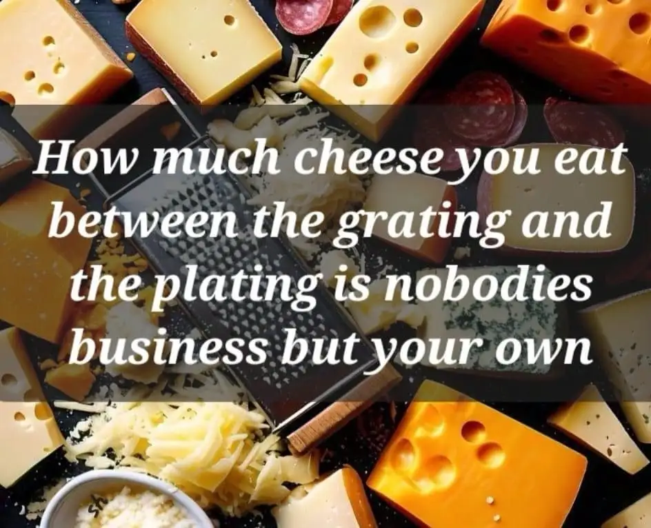 An overhead photo of various types of cheese, a cheese grater, and shredded cheese on a dark surface. Overlaid white text…