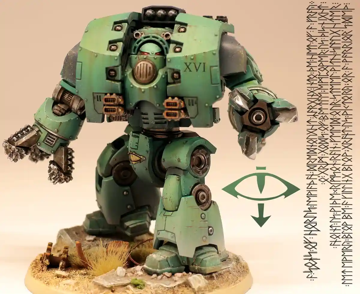A heavily armored, green-painted, 16th-century-style war machine stands on a rocky, desert-like terrain. Its chest bears the…