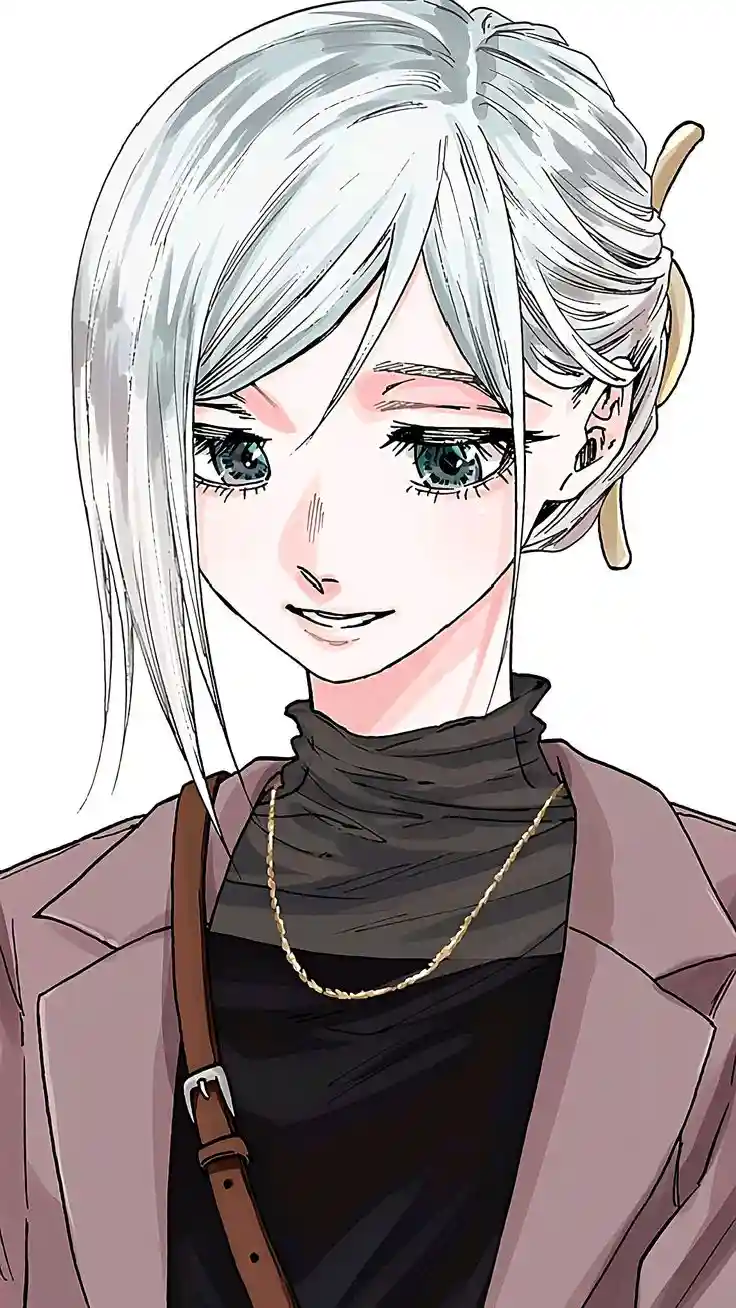 An anime-style illustration of a young woman with silver hair and green eyes, wearing a brown coat over a black turtleneck…