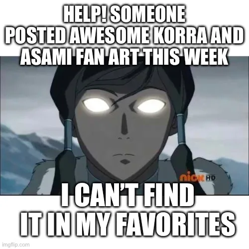 The image shows a close-up of the animated character Korra from 'The Legend of Korra' with glowing white eyes, conveying…