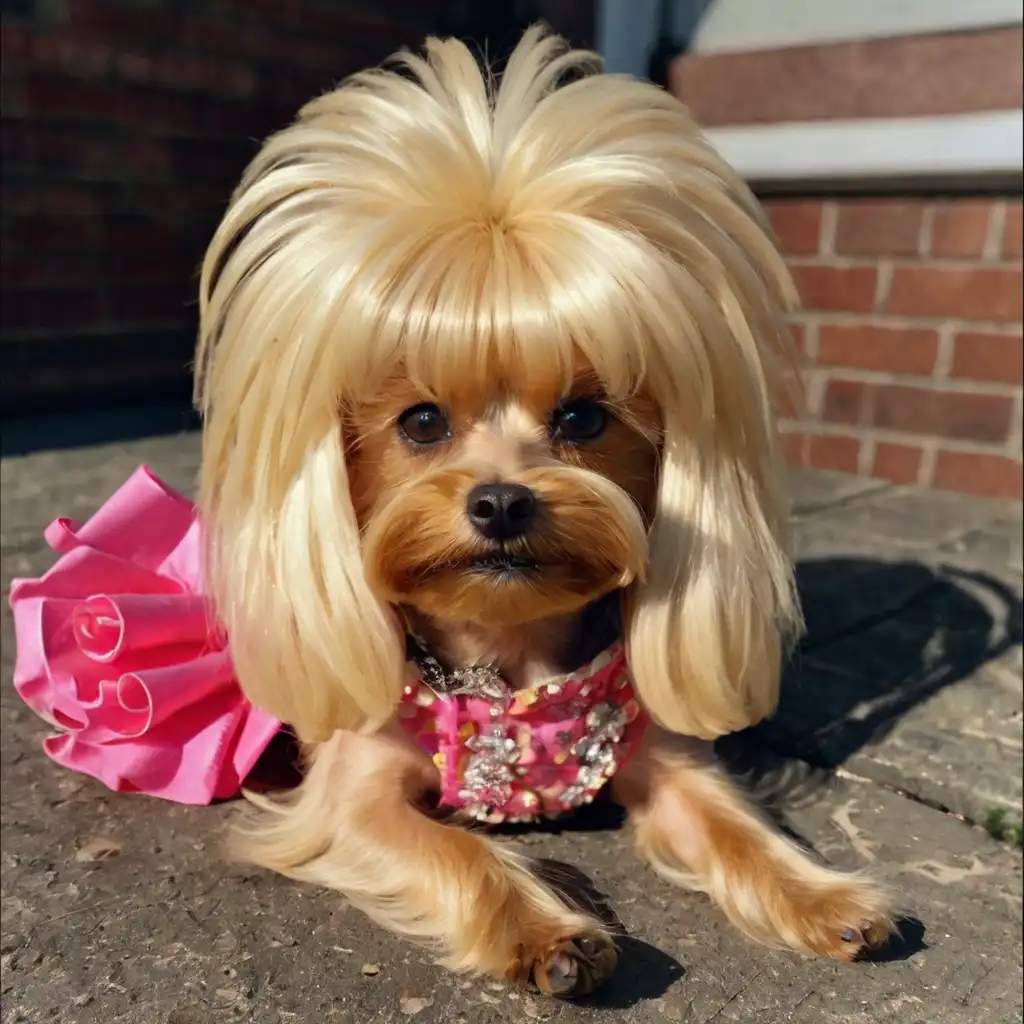 a small tan dog wearing a blonde wig and a pink sequined outfit with a matching pink tutu, lying on a paved surface in front…