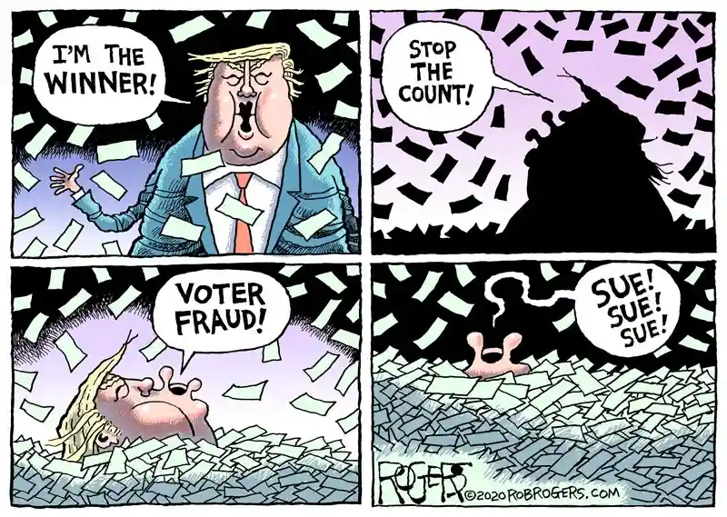 A four-panel comic strip shows a man in a suit declaring 'I'M THE WINNER!' as money rains down. A shadowy figure shouts…
