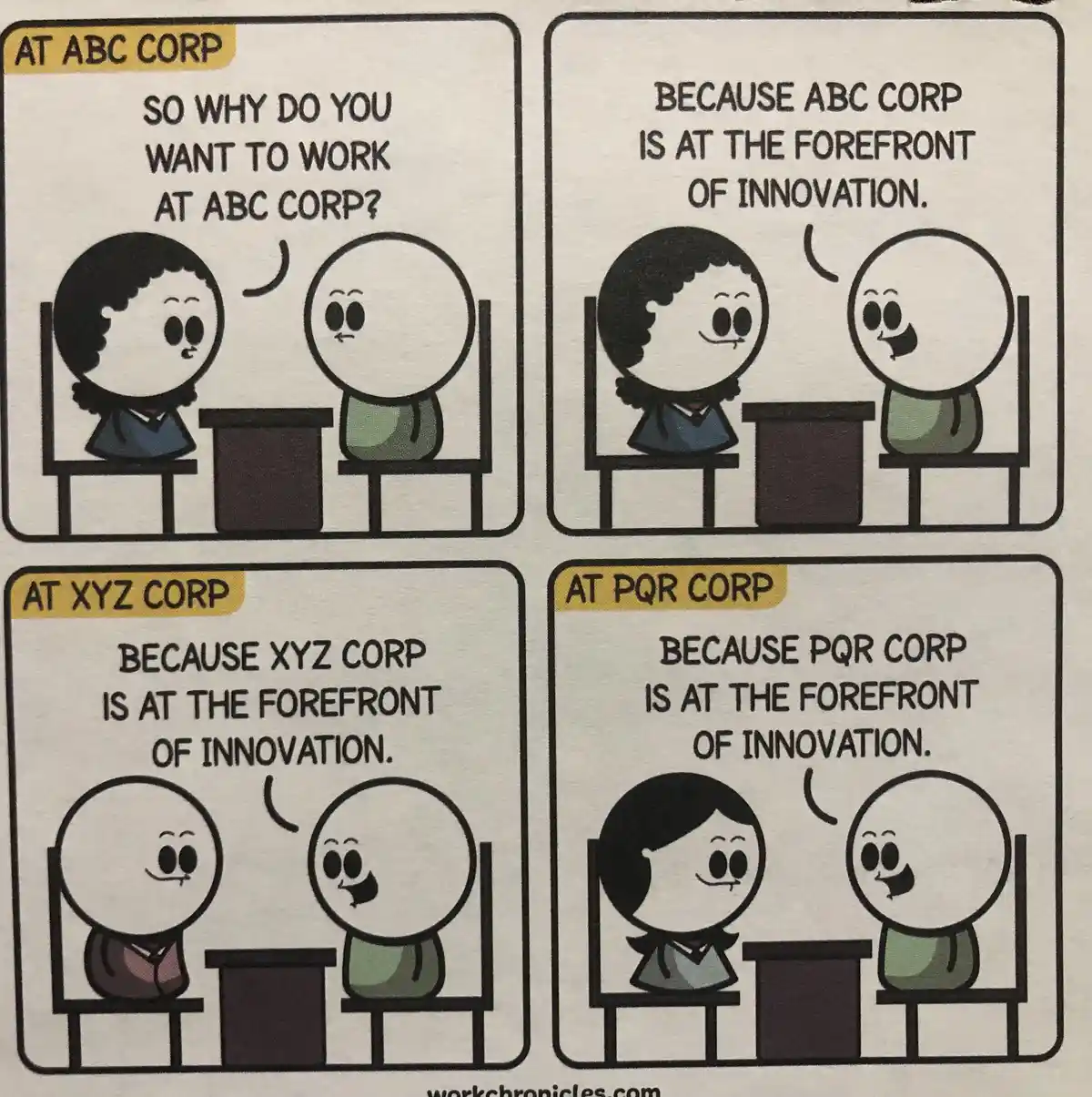 A four-panel comic strip shows a job interview scenario. In the first panel, an interviewer asks a candidate why they want…