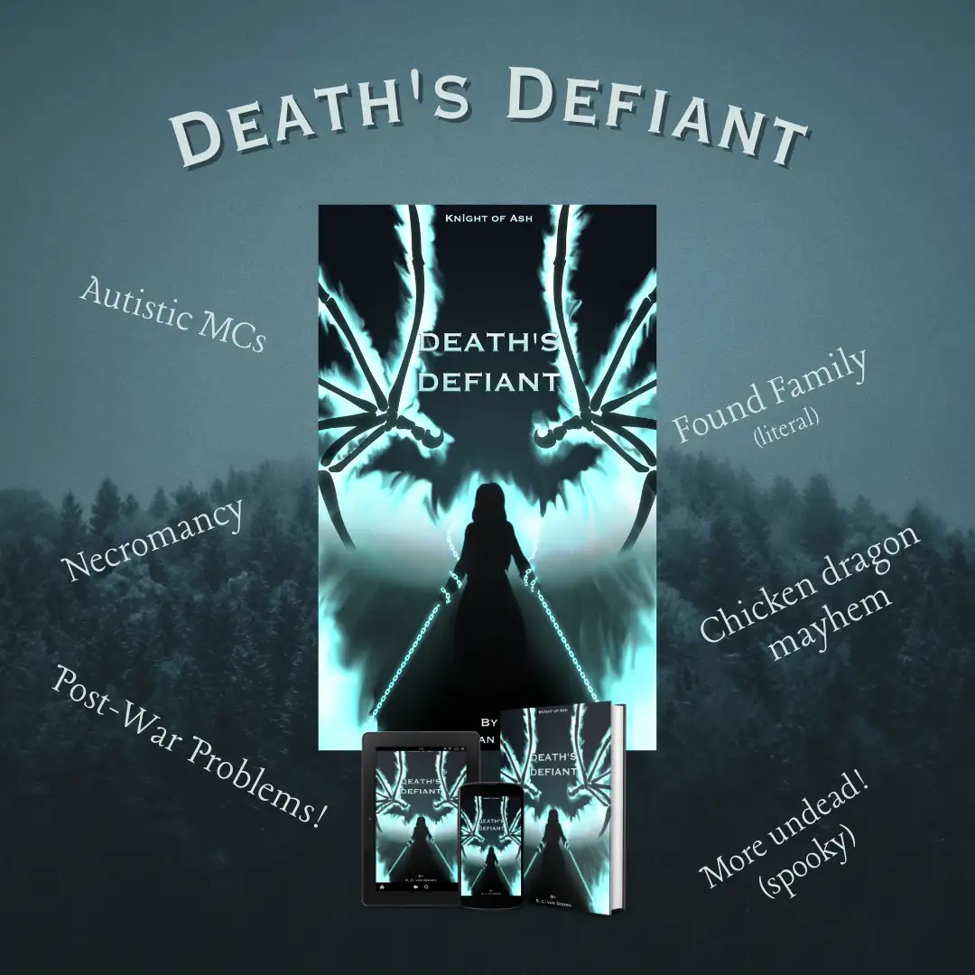 The image displays a book cover for 'Death's Defiant' by Knight of Ash, featuring a silhouette of a person facing a large…
