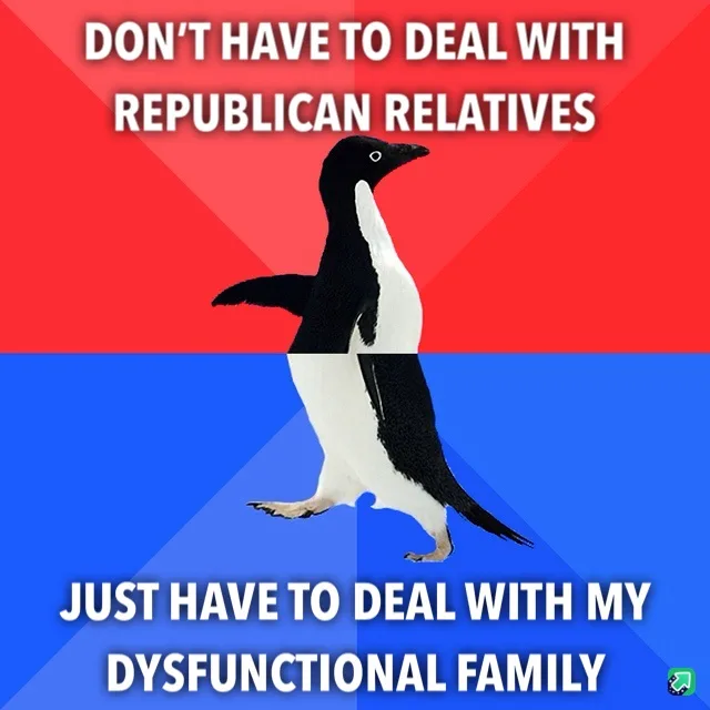 A black-and-white penguin stands centered against a red-and-blue background, with white text at the top reading 'DON'T HAVE…