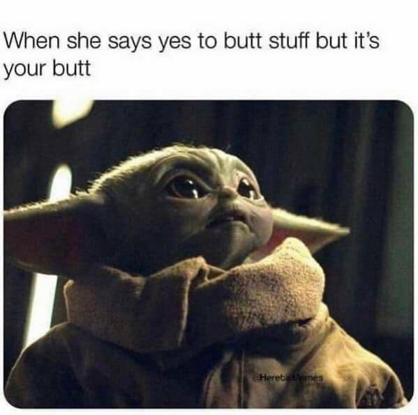 The image shows a close-up of the character Grogu (Baby Yoda) from Star Wars, looking upward with a confused and slightly…