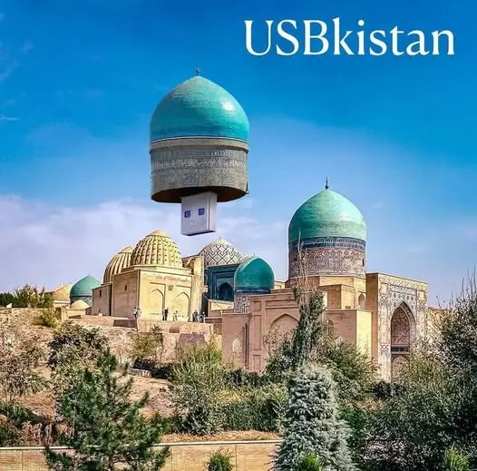 A photo of historic Islamic architecture in Uzbekistan, where one of the large turquoise domes is digitally replaced with a…