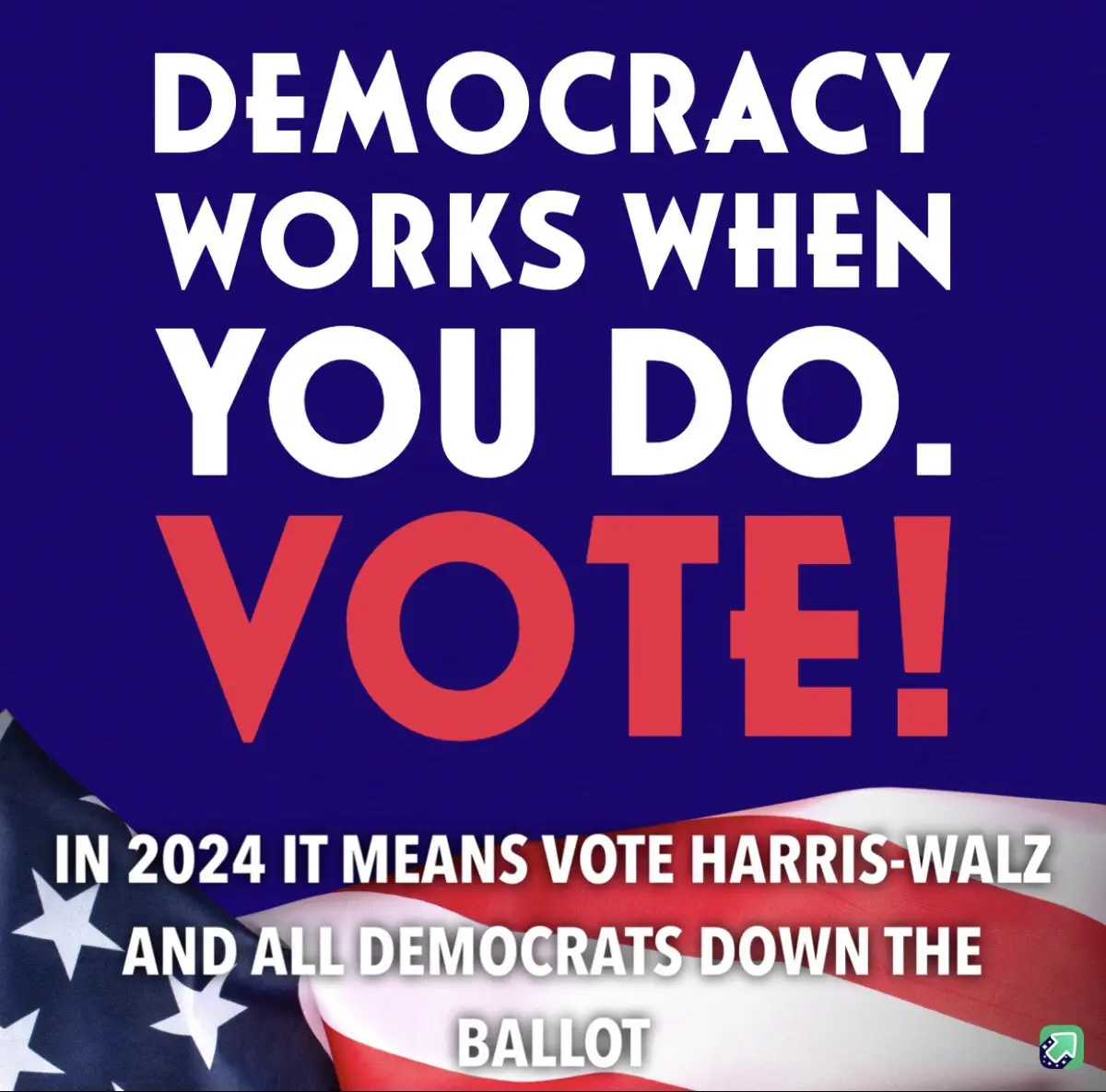 A political meme with a blue background and an American flag at the bottom. Large white text reads 'DEMOCRACY WORKS WHEN YOU…