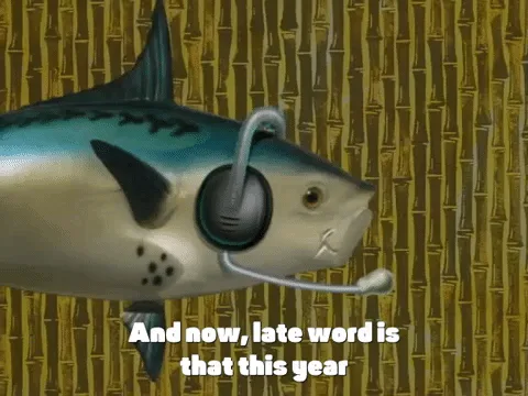 A sequence of six panels shows a fish wearing a headset speaking, with text overlays that build a sentence about the Krusty…