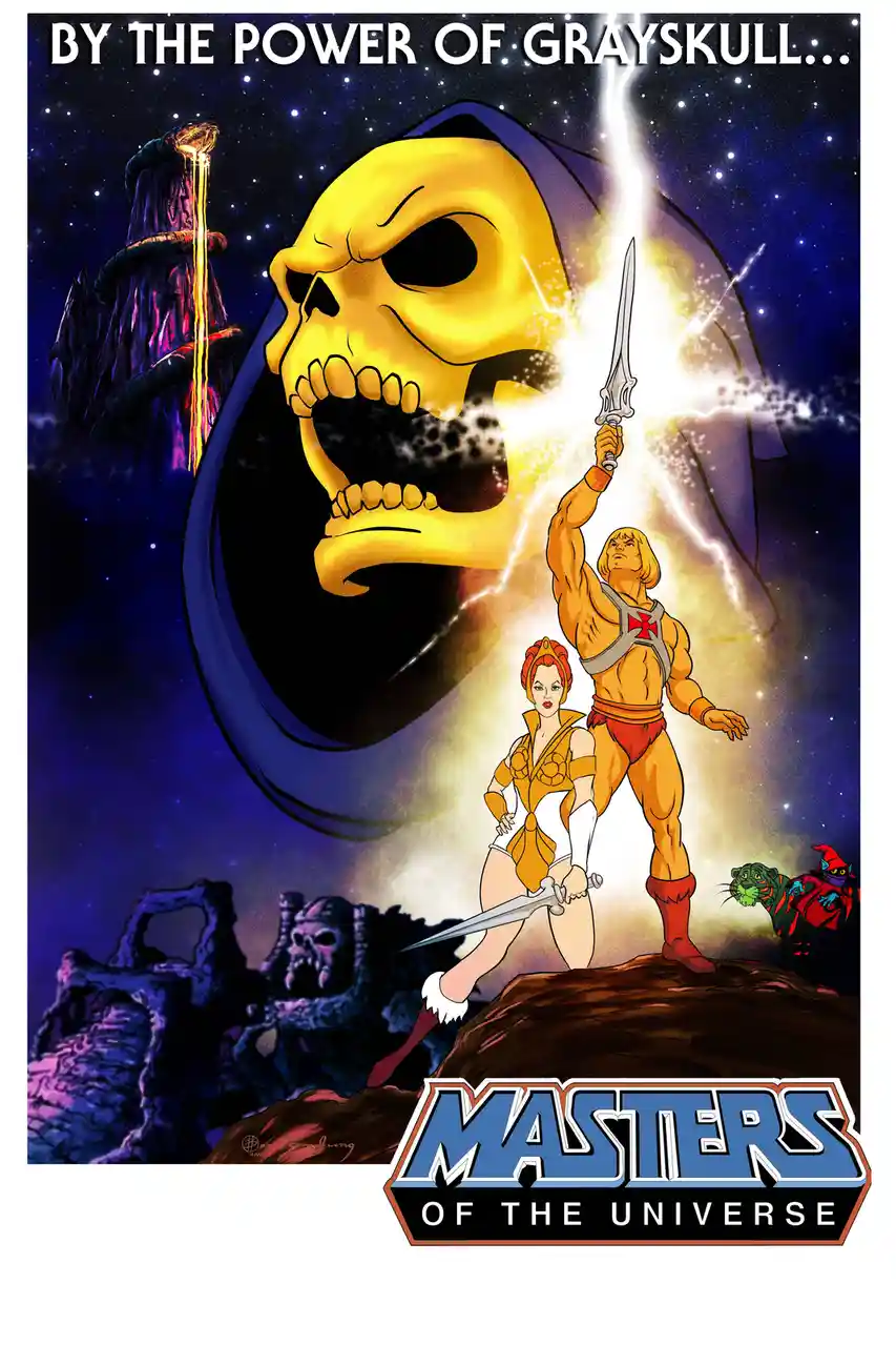 A classic Masters of the Universe poster features He-Man and She-Ra standing on a rocky outcrop, with He-Man raising his…