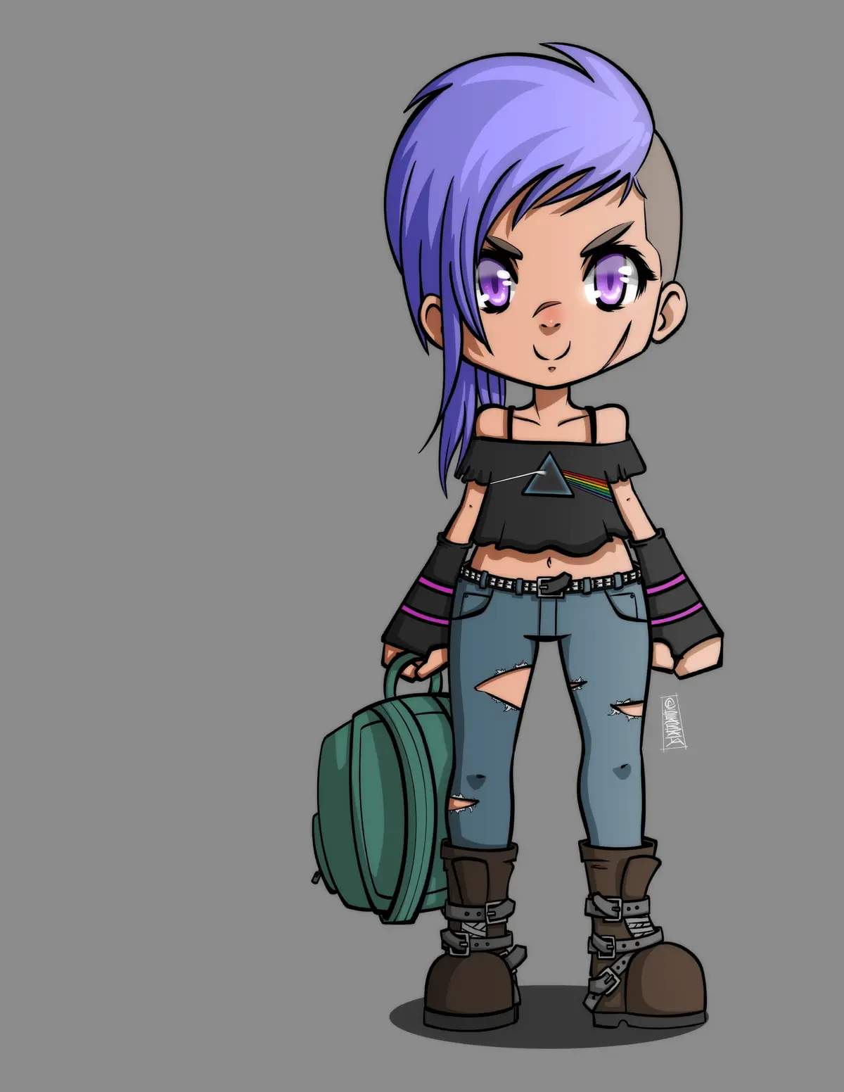 A chibi-style cartoon girl with purple hair and eyes, wearing a black crop top with a Pink Floyd prism logo, ripped jeans…