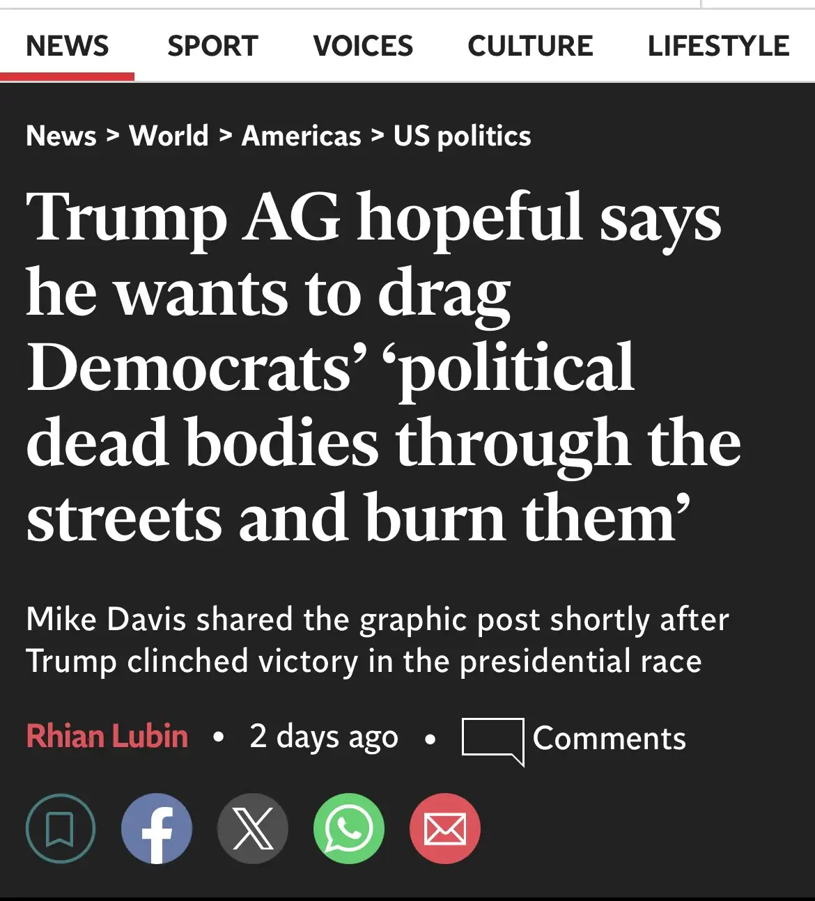 A screenshot of a news article with a dark background and white text. The headline reads 'Trump AG hopeful says he wants to…